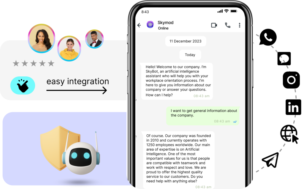 Skymod chatbots integrate into whapsapp, instagram, website, mobile app, teams, linkedin telegram platforms without requiring code.