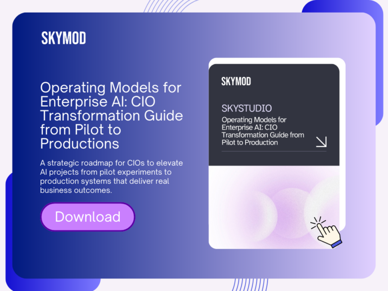 Enterprise AI whitepaper cover for CIOs describing operating models and transformation frameworks from pilot to production by Skymod SkyStudio