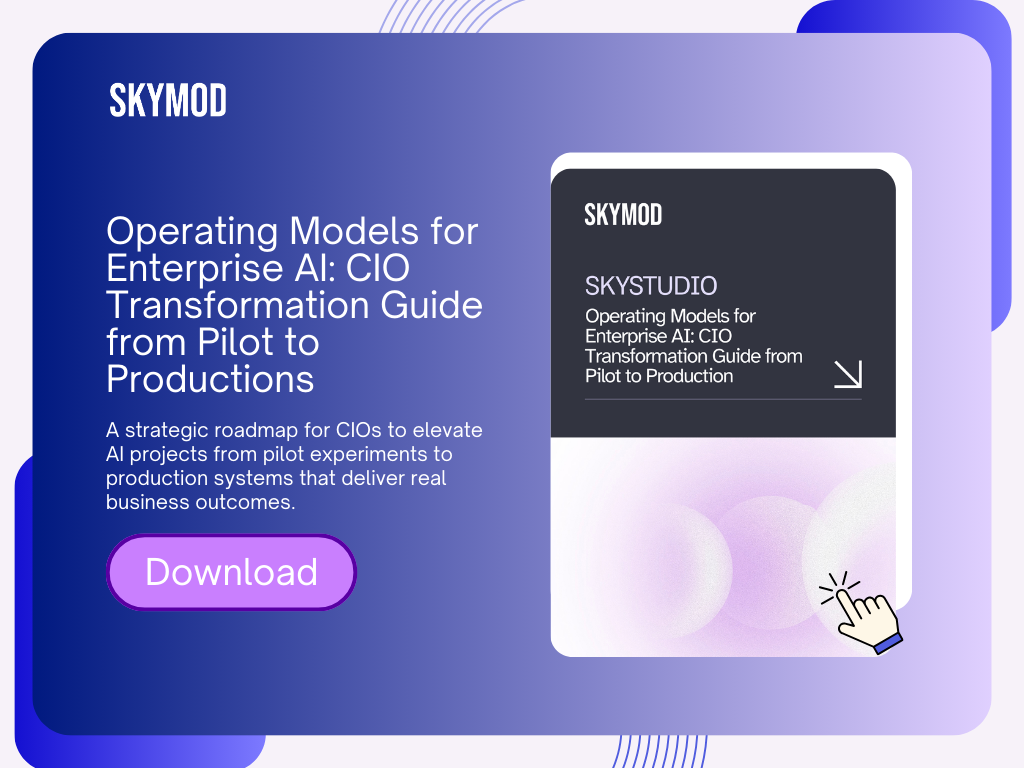 Enterprise AI whitepaper cover for CIOs describing operating models and transformation frameworks from pilot to production by Skymod SkyStudio