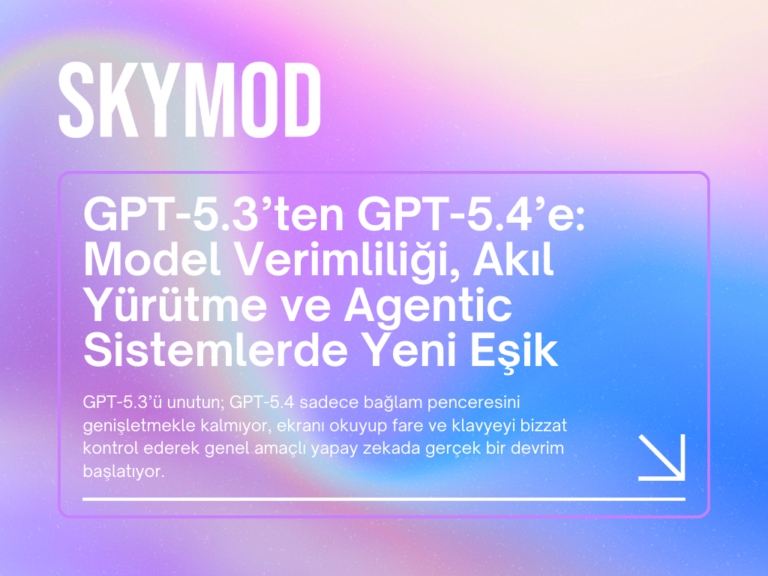 GPT-5.4: New Thresholds in Model Efficiency, Reasoning, and Agentic Systems SKYMOD markalı, mor ve mavi degradeli arka plan üzerinde GPT-5.4 duyurusu içeren dijital kart. Görselde "GPT-5.3’ten GPT-5.4’e: Model Verimliliği, Akıl Yürütme ve Agentic Sistemlerde Yeni Eşik" başlığı yer alıyor.